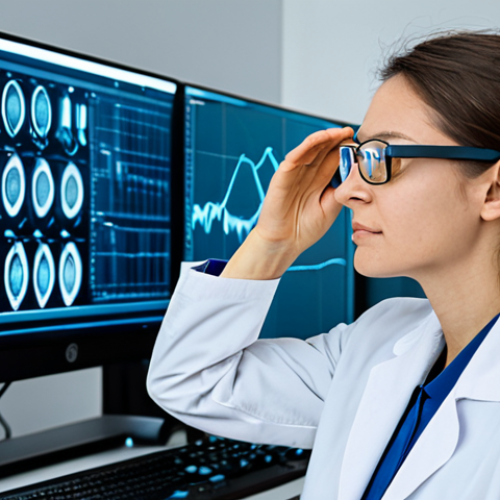 A professional female researcher in a modern, clean neuromarketing laboratory, fully clothed in a crisp lab coat over modest business casual attire. She is observing a monitor displaying brainwave patterns (EEG data) and eye-tracking visualizations. In the foreground, a male subject, fully clothed and looking calm, sits wearing a sleek, non-intrusive EEG headset and eye-tracking glasses. The lab is illuminated by soft, professional lighting, with advanced scientific equipment and computer screens showing complex data. The atmosphere conveys focused innovation and scientific inquiry. safe for work, appropriate content, fully clothed, professional, perfect anatomy, correct proportions, natural pose, well-formed hands, proper finger count, natural body proportions, high-quality professional photography, detailed, clean composition.