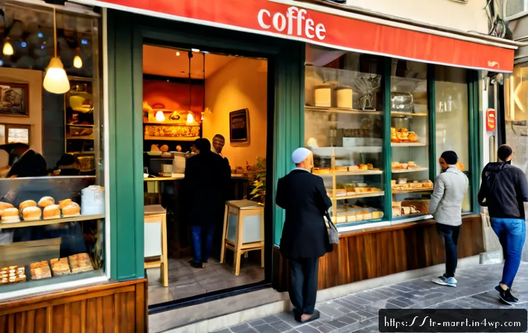 뉴로마케팅 기법으로 오프라인 매장 방문 증가시키기 - Photorealistic street-level view of a welcoming independent coffee shop in Istanbul, Turkey, warm la...